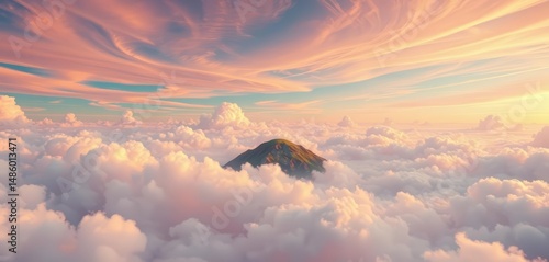 Fototapeta Naklejka Na Ścianę i Meble -  Ethereal islands float amidst swirling clouds in a vibrant, minimalist dreamscape,  composition,  atmosphere