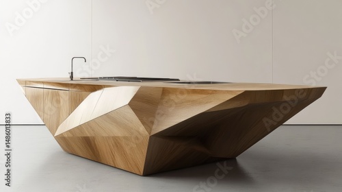 Modern minimalist geometric wooden kitchen island.