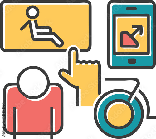 Accessibility and technology illustration depicting modern assistive devices and digital interactions