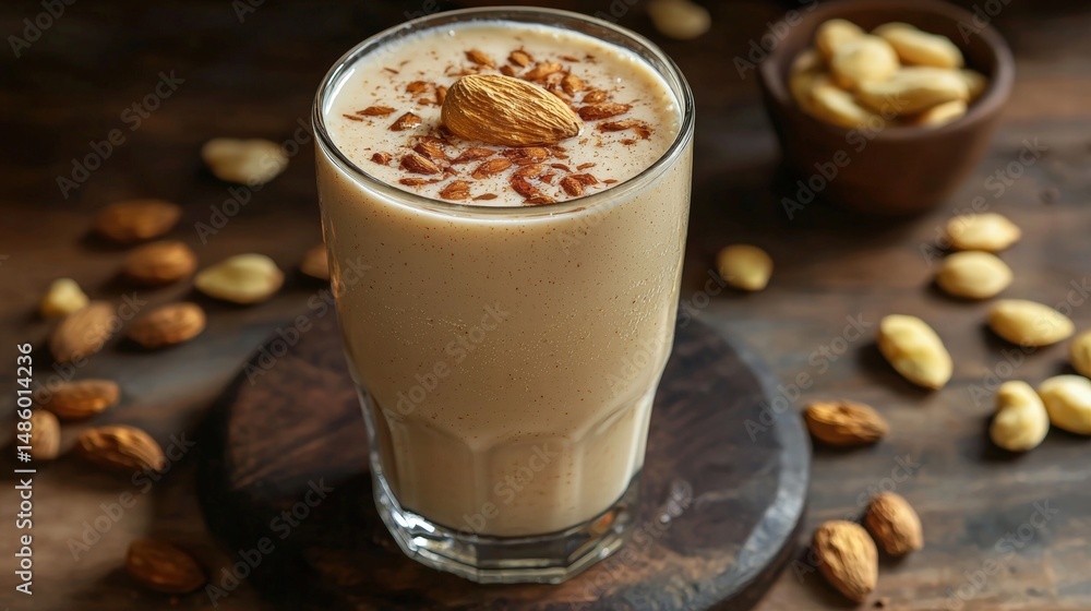 Creamy almond milkshake with cinnamon spice topped with whole almonds and dusted with cinnamon powder served in a clear glass on rustic wooden background Creamy almond milkshake with cinnamon spice topped with whole almonds and dusted with cinnamon powder served in a clear glass on rustic wooden background