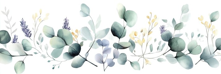 Delicate arrangement of soft green eucalyptus leaves, lavender, and small yellow blossoms