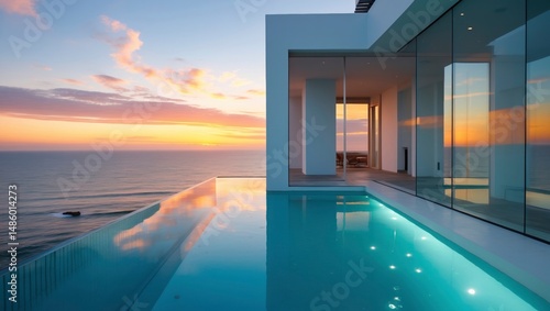 Breathtaking sunset view from a modern architectural home featuring full-height showcasing vibrant colors against a serene landscape creating a high-fidelity atmosphere of luxury