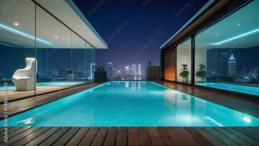 Fototapeta premium Luxurious rooftop spa zone featuring a stunning floor-to-ceiling pool surrounded by relaxing loungers and scenic views overlooking the vibrant cityscape