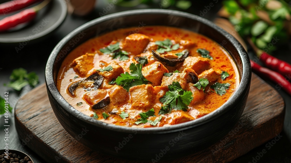 Delightful Indian-style vegetable curry in a black bowl with fresh herbs on rustic wooden surface, featu vibrant colors and creamy sauce for flavorful meal Delightful Indian-style vegetable curry in a black bowl with fresh herbs on rustic wooden surface, featu vibrant colors and creamy sauce for flavorful meal