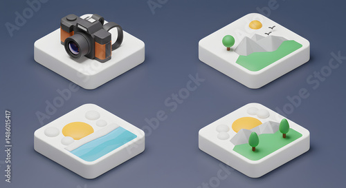 Camera and Landscape Icons Representing Nature Photography and Travel Themes