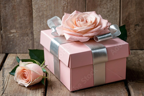 Pink gift box with delicate roses romantic present