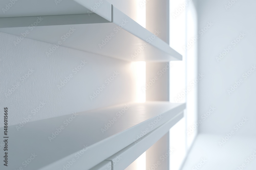 Obraz premium Minimalist white shelves mounted on a wall, subtly lit from behind, creating a clean, modern aesthetic in a bright, spacious room