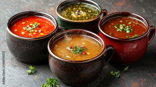 Four colorful ceramic bowls filled with different flavorful soups garnished with herbs on a dark textured surface