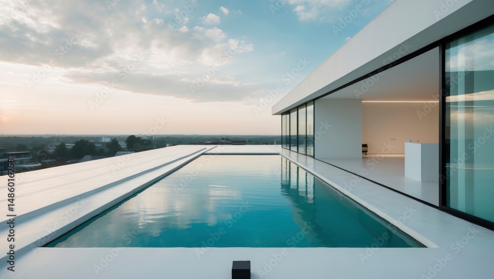 Fototapeta premium Sleek minimalist house featuring a panoramic pool view surrounded by lush greenery and modern architectural design offering an inviting outdoor living experience