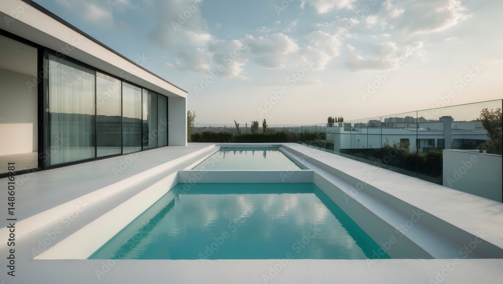 Fototapeta premium Modern minimalist house with panoramic pool view surrounded by lush landscape and contemporary architectural features creating a stunning outdoor space for relaxation