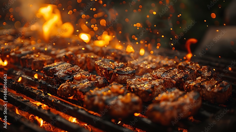 Delicious Grilled Steak on Barbecue Grill Flames Food Photography Delicious Grilled Steak on Barbecue Grill Flames Food Photography