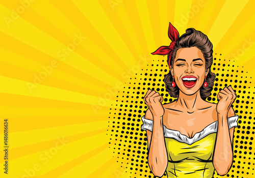 Young woman in pop art style is very happy. On yellow background. Pop art in comics vector style