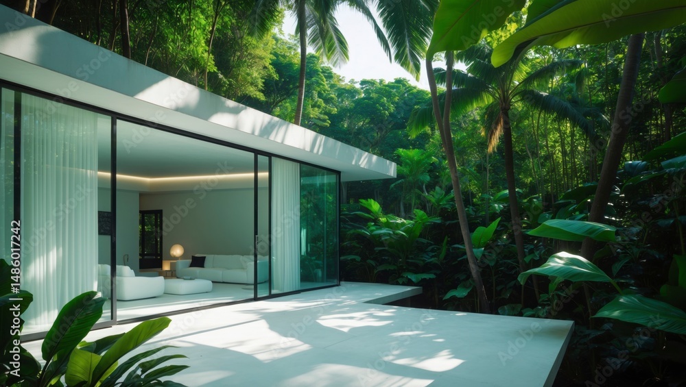 Fototapeta premium Stunning modern glass facade villa surrounded by lush jungle, offering a unique blend of natural beauty and contemporary architecture for luxurious living