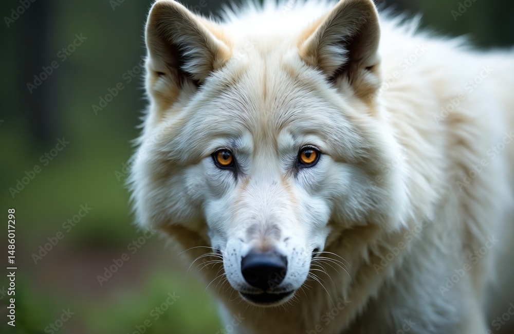 Obraz premium Close-up portrait of white wolf with penetrating eyes in green forest. Fierce predator in wild. Wildlife animal portrait. Face, fur, mammal. Dangerous canine beast in natural habitat.