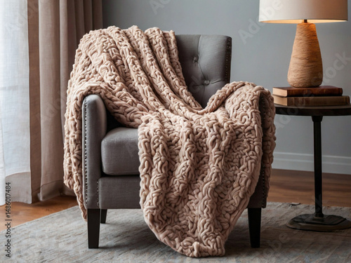Cozy chunky knit throw blanket on armchair