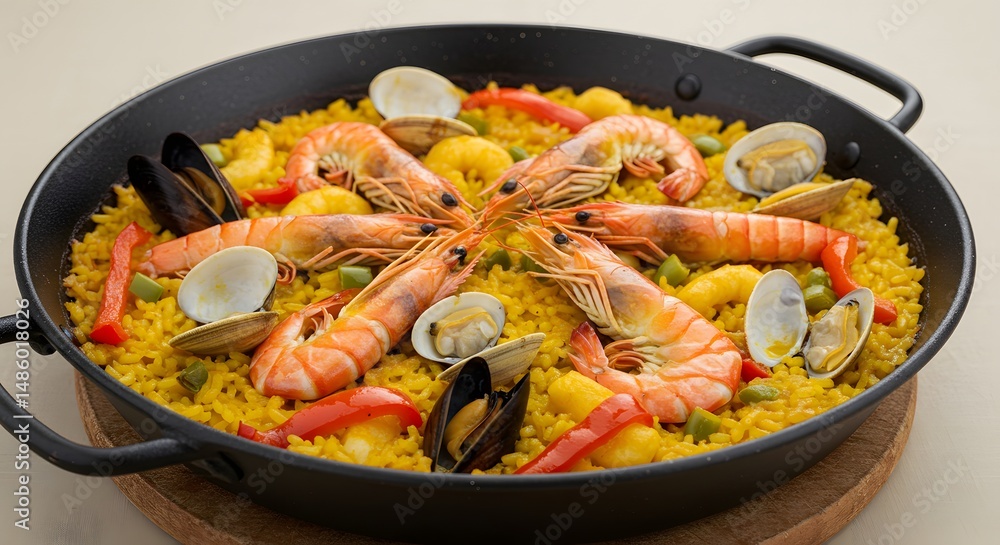 A paella dish with seafood including shrimp mussels and clams in a black pan A paella dish with seafood including shrimp mussels and clams in a black pan