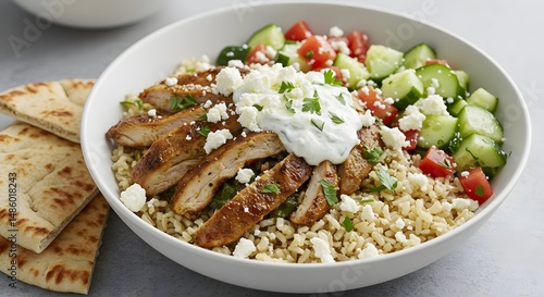 A bowl of chicken and rice with vegetables and pita bread on a light surface