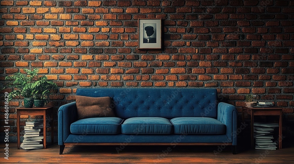 Naklejka premium Cozy living room with a blue tufted sofa, brick wall background, two wooden side tables with plants and stacks of books, and a framed minimalistic portrait