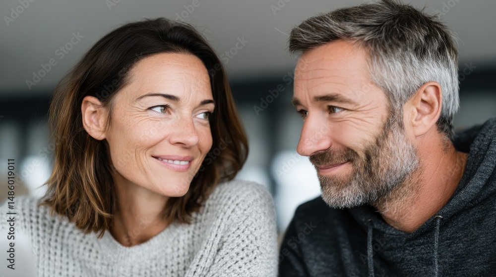 Heartwarming Moment Between a Woman and a Man Sharing a Smile Heartwarming Moment Between a Woman and a Man Sharing a Smile