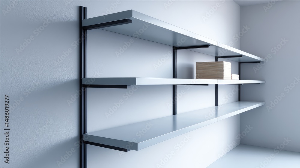 Sleek, minimalist wall-mounted shelving unit with three shelves, showcasing clean lines and a light grey finish. Simple design, perfect for storage Sleek, minimalist wall-mounted shelving unit with three shelves, showcasing clean lines and a light grey finish. Simple design, perfect for storage