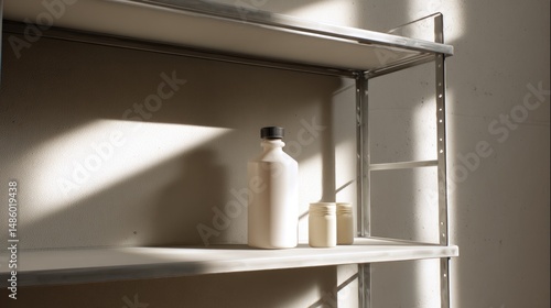 Sunlit minimalist shelf displays off-white bottle and small ceramic containers.  Subtle shadows add depth to the simple scene