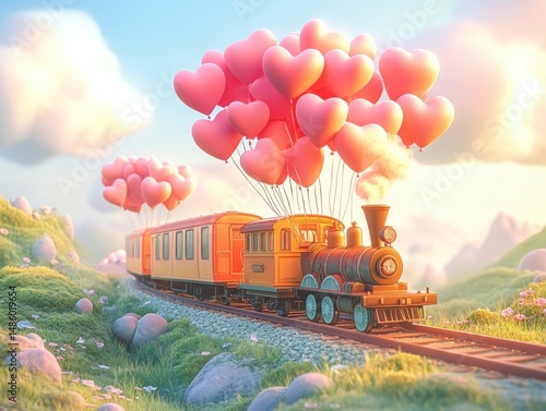 Colorful vintage steam train with heart-shaped balloons floating above, traveling on tracks through a bright and peaceful countryside landscape under a partly cloudy sky