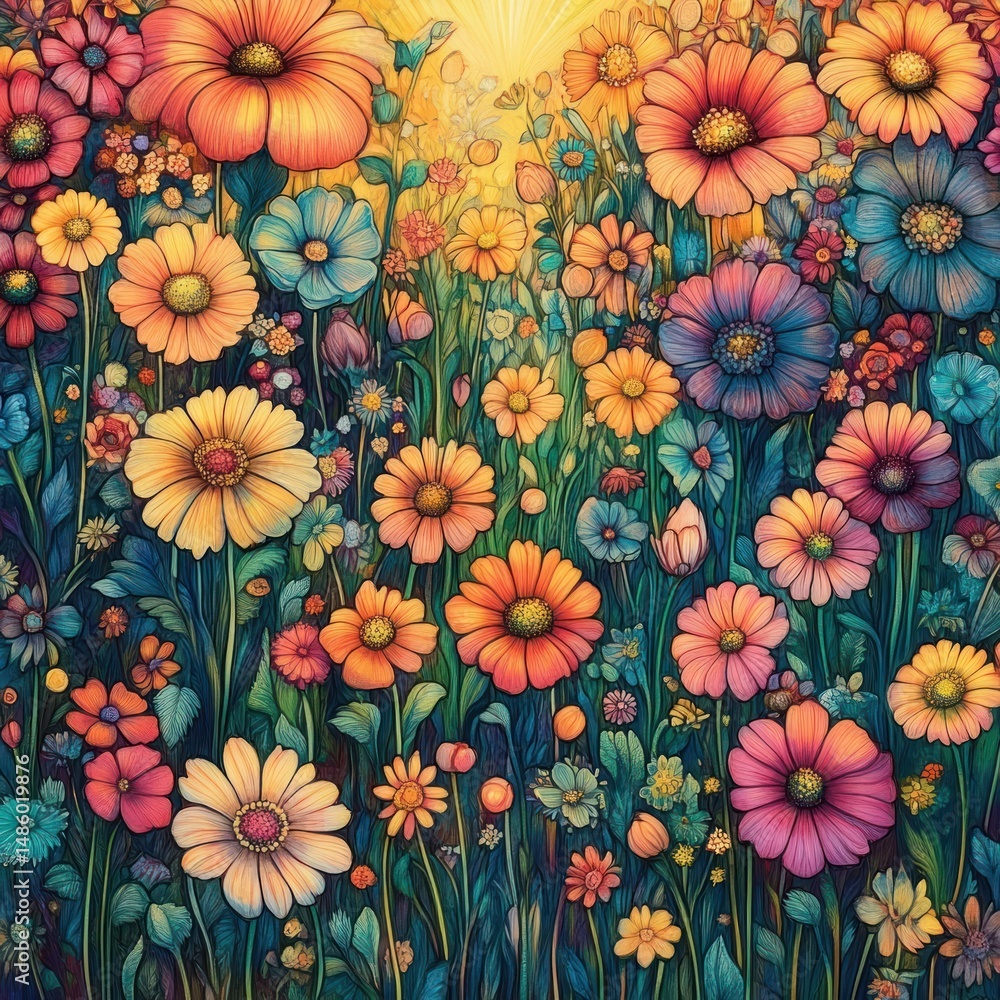 Vibrant colorful flowers blooming under warm sunlight in a dense lush garden filled with various shades of orange, pink, yellow, and blue petals Vibrant colorful flowers blooming under warm sunlight in a dense lush garden filled with various shades of orange, pink, yellow, and blue petals