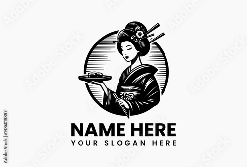 Traditional Japanese geisha in striped kimono holding sushi plate elegant vector logo isolated on white. Asian cuisine concept