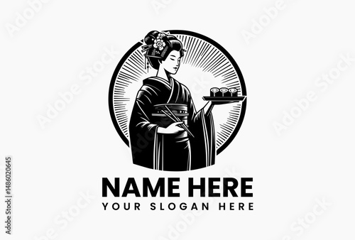 Stylized Japanese geisha character wearing striped kimono presenting sushi in circular vector logo. Traditional food branding