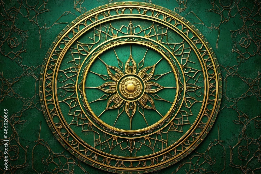 Intricate golden circular mandala pattern with floral and geometric designs on a textured dark green background Intricate golden circular mandala pattern with floral and geometric designs on a textured dark green background