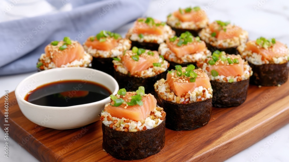 Delicious sushi rolls topped with fresh salmon and green onions served on a wooden board Delicious sushi rolls topped with fresh salmon and green onions served on a wooden board