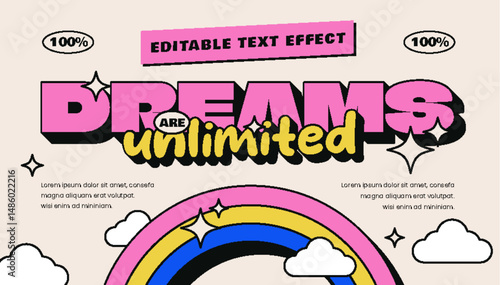 Dreams Are Unlimited Retro Y2K Premium Editable 3D Text Effect with Rainbow, Clouds & Sparkles for Poster, Logo & T-Shirt Template