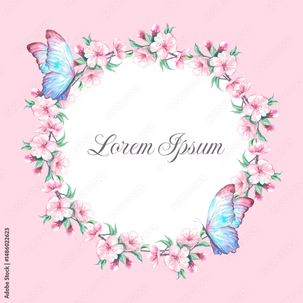 Fototapeta premium Round floral pink frame with blue butterflies
