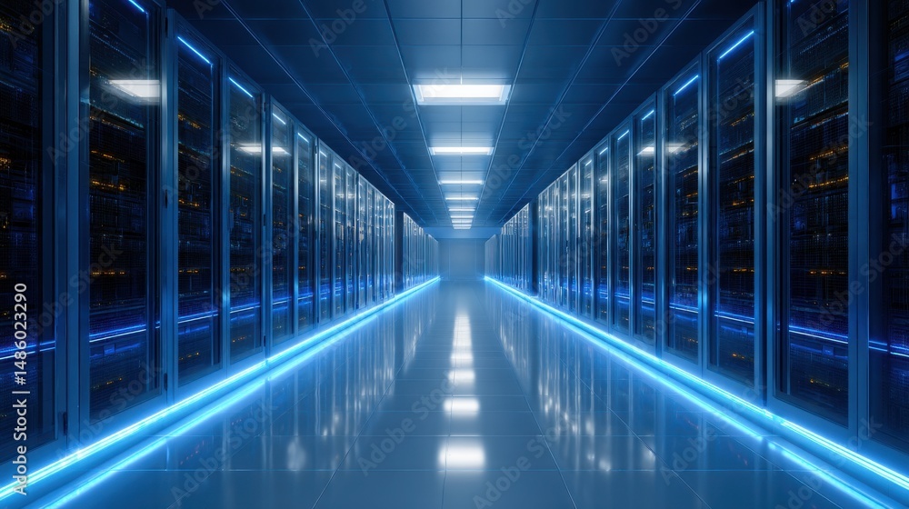 Ultra quality image of ultra-modern data center with a clean, symmetrical layout, showcasing glowing blue server racks and a sleek metallic finish. Ultra quality image of ultra-modern data center with a clean, symmetrical layout, showcasing glowing blue server racks and a sleek metallic finish.