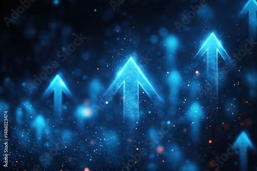 Glowing blue arrows pointing upwards surrounded by luminous particles on a dark blurred background conveying growth and progress