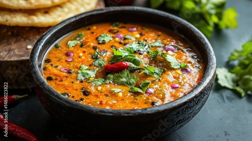 Delicious flavorful Indian lentil dal soup with turmeric herbs and spices served in a black bowl with fresh cilantro and red chili pepper garnish