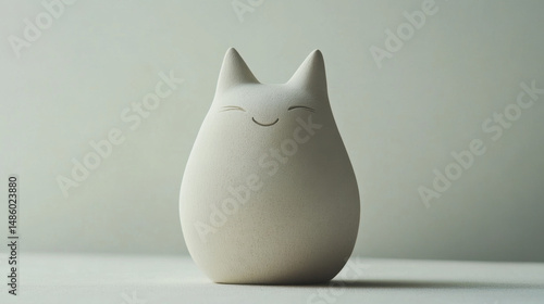 A minimalist ceramic cat figurine with a joyful expression, set against a soft, neutral background.