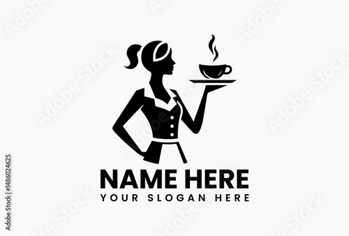 Minimalist black silhouette of professional waitress balancing tray with two steaming coffee cups vector logo. Cafe service concept
