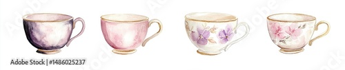 Watercolor teacups in pastel shades