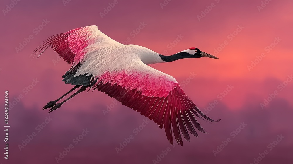 Fototapeta premium Crane bird soaring across pastel sky, wings elegantly stretched, floating composition, elegant wings soft color palette crane in flight symbol of peace and longevity