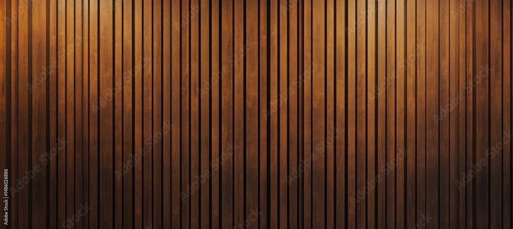Fototapeta premium Warmly lit vertical wooden slats with rich brown tones creating a cozy, textured backdrop