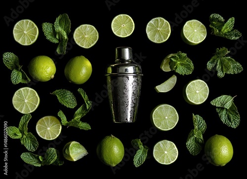 Cocktail shaker surrounded by limes and mint leaves on black background.