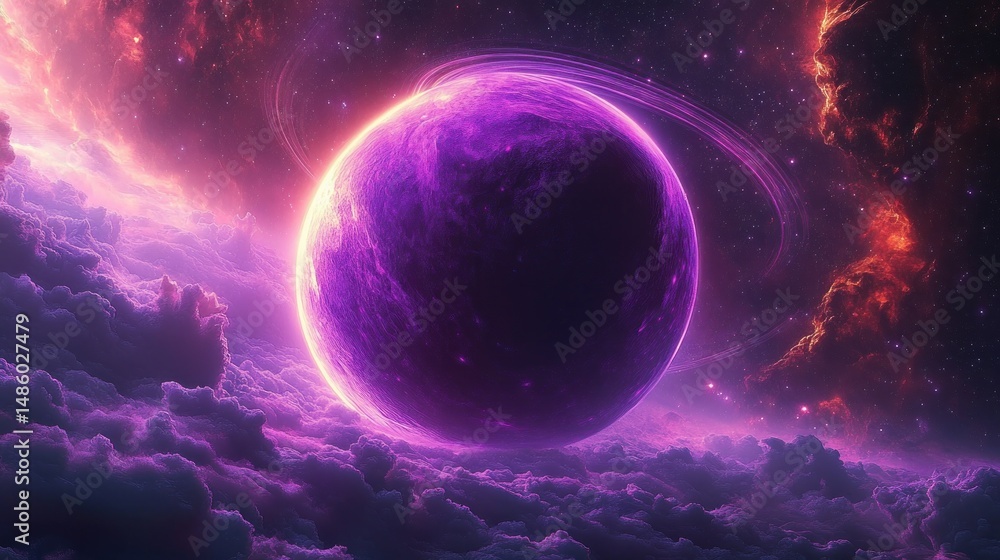 Fototapeta premium A glowing purple planet with rings surrounded by clouds and cosmic nebulae in vivid space environment