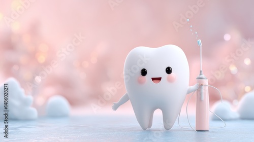 Happy tooth character using a water flosser on a soft pink background