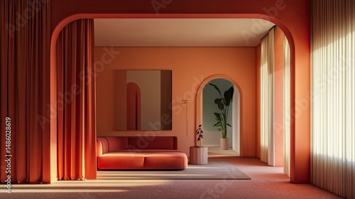 Sunlit coral living room with arches, curtains, and sofa.