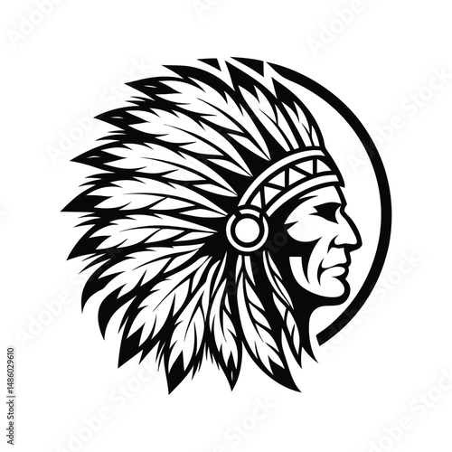 Native American Chief Head with Feather Headdress Silhouette in Black and White
