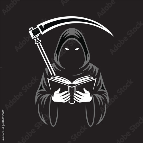
"A haunting illustration of the Grim Reaper, shrouded in darkness and holding a book. This artwork symbolizes the thin line between life and death, knowledge and mystery
