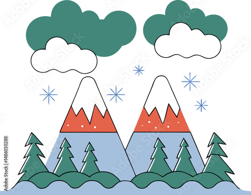 Stylized winter landscape illustration featuring snow covered mountains and pine trees