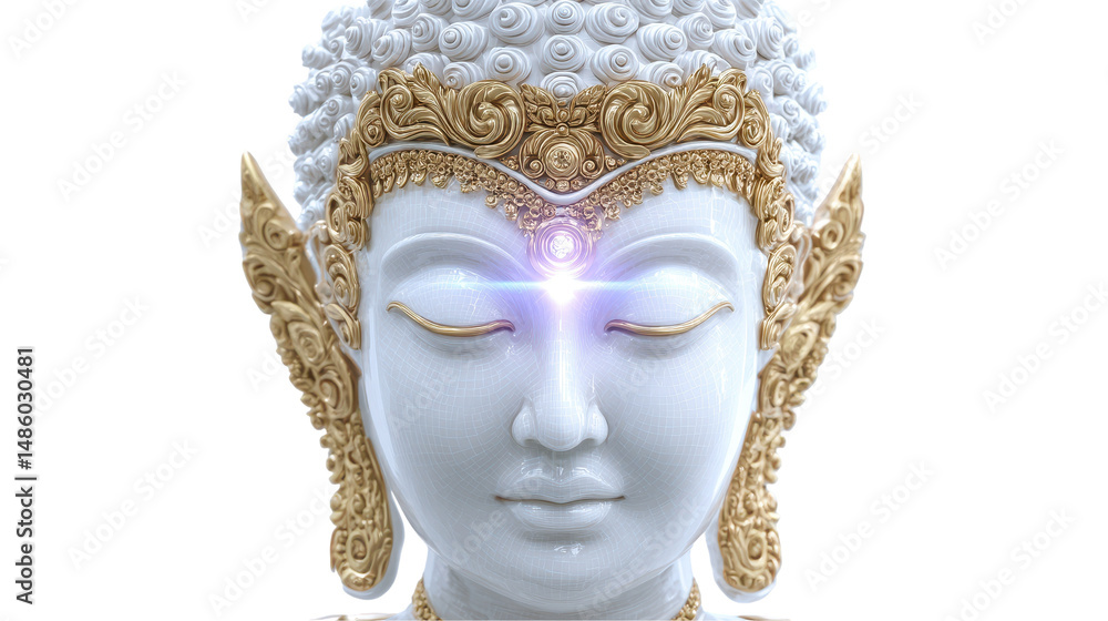 A serene white Buddha statue with intricate golden details. transparent background A serene white Buddha statue with intricate golden details. transparent background
