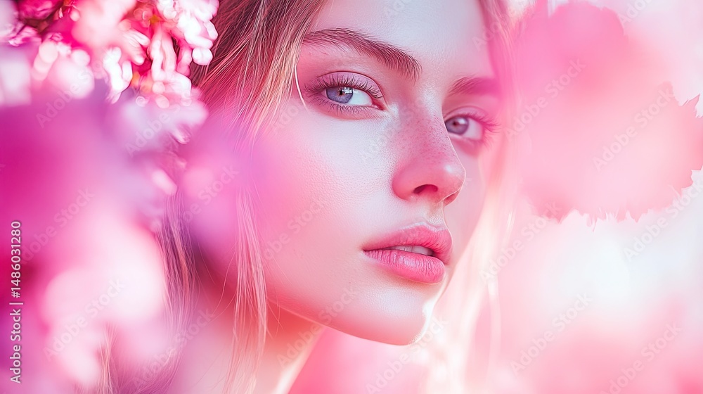 Close-up portrait of a young woman with blonde hair and blue eyes, surrounded by pink flowers. Close-up portrait of a young woman with blonde hair and blue eyes, surrounded by pink flowers.